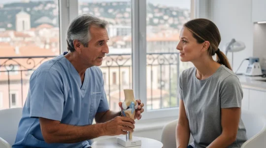Chirurgien orthopédique expliquant un diagnostic à une patiente dans un cabinet médical lumineux à Nice