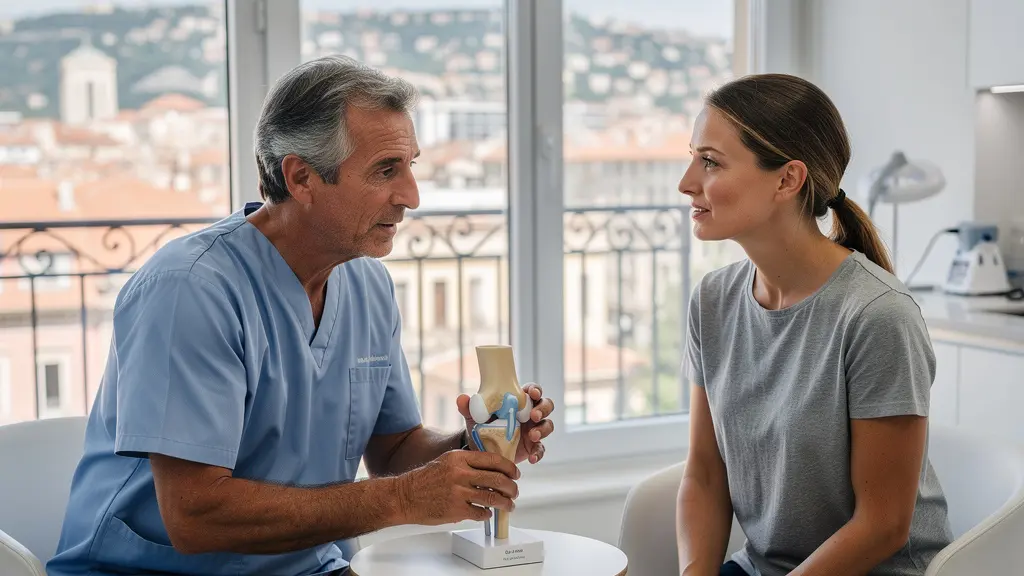 Chirurgien orthopédique expliquant un diagnostic à une patiente dans un cabinet médical lumineux à Nice