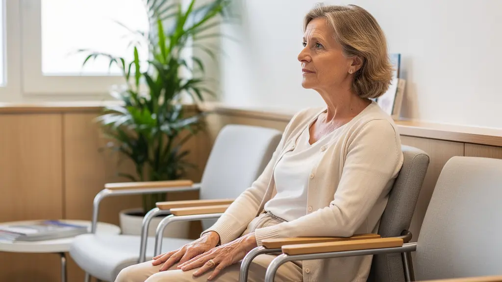 Patiente réfléchissant à son choix de chirurgien orthopédique en salle d'attente moderne