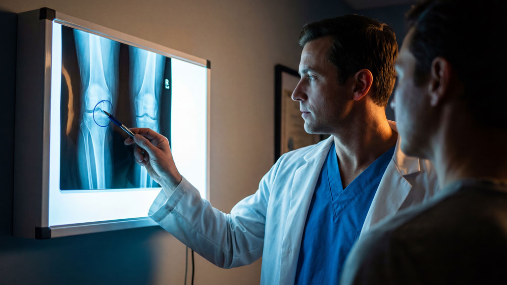 Chirurgien orthopédique analysant une radiographie du genou sur écran médical